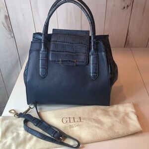G.I.L.I. Navy Croc-Embossed Satchel Large Roomy Magnetic closure NWOT